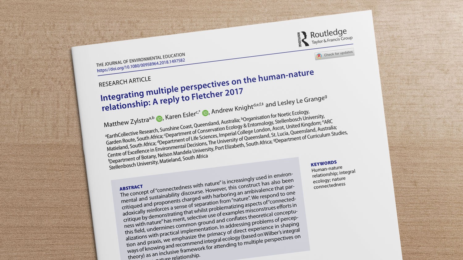 Integrating Perspectives on ‘Human~Nature’